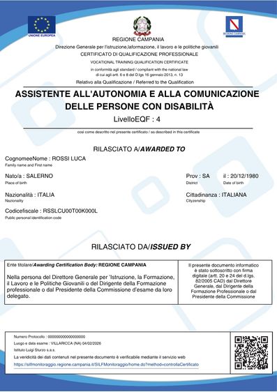 Facsimile attestato di qualifica professionale ASACOM rilasciato dalla Regione Campania