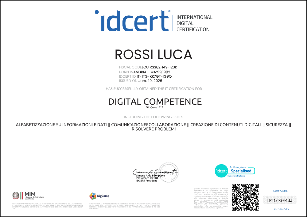 Certificazione Informatica IdCert riconosciuta dal MIM Ministero dell'Istruzione e del merito